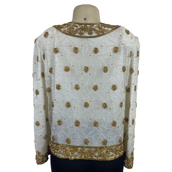 Mark & John Vintage White & Gold Sequined Beaded Jacket With Floral Design Sz XL - Picture 4 of 12